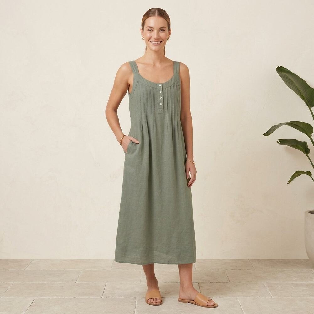 MALVIN Hamburg Linen Dress Womens Small Green Pintuck Minimalist Lagenlook Boho
